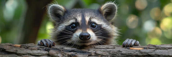 Fototapeta premium A small raccoon, adorable and curious in wildlife, showcases its furry face amidst nature's beauty.