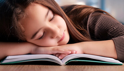 Close-up and front view of a lazy student girl at home resting with her head leaning on the open school book above the desk. Student falls asleep while studying, concept. Generative Ai.