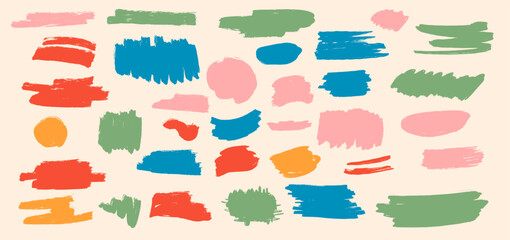 Vibrant abstract doodles brush strokes and shapes in a variety of colors set against a neutral beige background, forming a dynamic and engaging composition with varying sizes and orientations.
