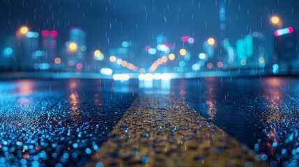 Empty wet asphalt road and cityscape skyline bokeh background at night