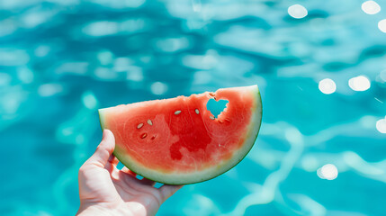hand holding a watermelon slice with a heart inside at summer pool background