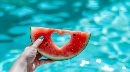 hand holding a watermelon slice with a heart inside at summer pool background