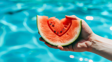 hand holding a watermelon slice with a heart inside at summer pool background