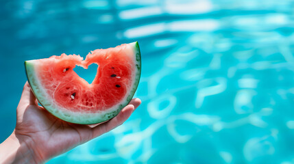 hand holding a watermelon slice with a heart inside at summer pool background