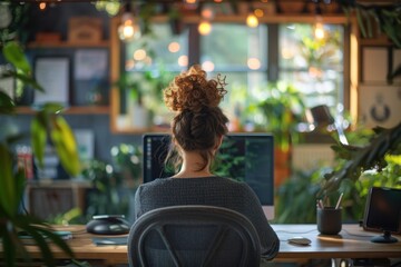 A business person engaging in a brainstorming session via video call in a modern office The office is equipped with advanced communication tools and contemporary decor The business person is seated