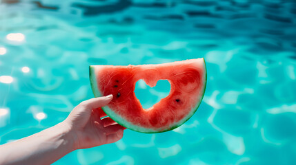 hand holding a watermelon slice with a heart inside at summer pool background