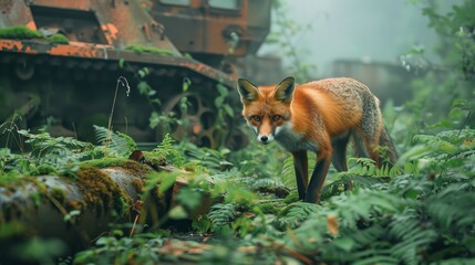 Red fox with abandoned city debris with green plants growing. Post apocalypse scene.