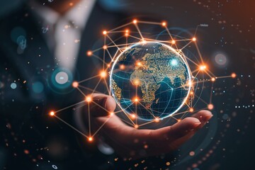 Fototapeta premium Businessman touching a global business on customer networking and Digital marketing, Target of Business strategy growth and development on social network, HR, Banking and financial.