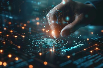 Businessman touching padlock and encryption of business data network with fingerprint scanning and Biometric identification of security and protect business transaction, Security digital hi tech, 