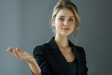 businesswoman with an open hand as showing something