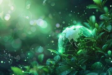 Concept of environmental hi tech, mechanical technology with glowing green planet Earth globe and leaves in futuristic glowing low polygonal style on bright green background. contemporary modern 