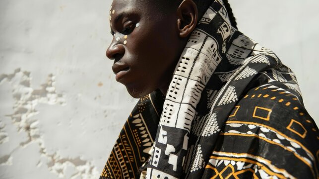 Close-up of a model in Malian bogolan (mud cloth), showcasing the unique patterns and cultural significance.