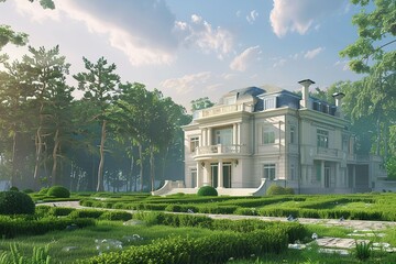 Obraz premium Contemporary mansion in the country stock photo Green space, Three Dimensional, Architecture, Computer-Aided Design, House