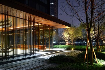 Naklejka premium contemporary office spaces in hangzhou west lake square at night on view from modern conceptual window