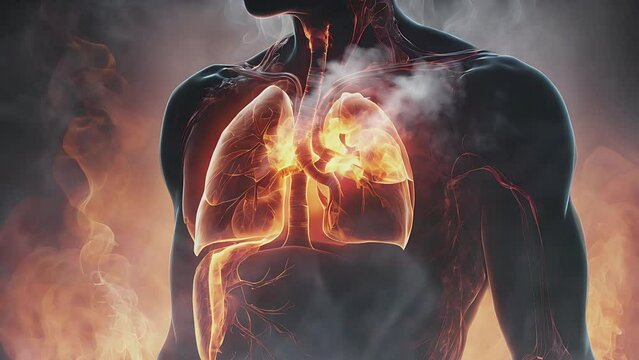 Illustrative view of smoker's smoke in the lungs juxtaposed with blood vessels, highlighting the impact on health