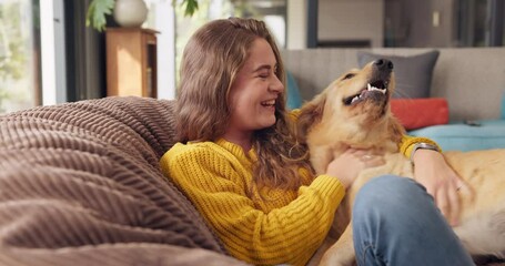 Woman, dog and pet in home for love, affection and trust or support in living room. Puppy, training and Golden retriever for adoption or rescue for animal, owner person and hug and canine best friend - Powered by Adobe