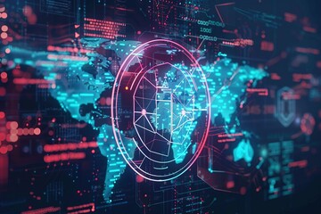 Cyber security hi tech, mechanical technology concept , Shield With Keyhole icon with world map background , personal data , elegant design. stock design