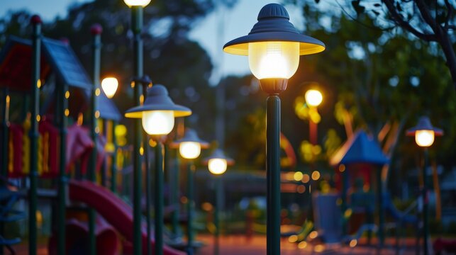 Close-up of solar-powered outdoor lights illuminating a children&acirc;&euro;&trade;s play area, showcasing energy efficiency.