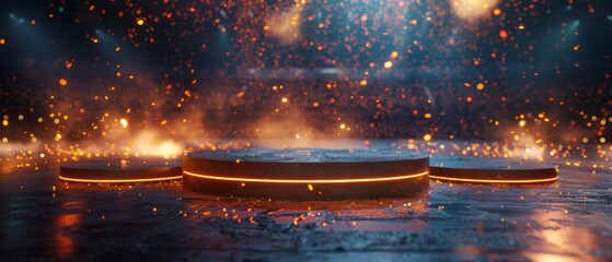 Three olympic black podiums decorated with a gate medal of golden laurel leaves, tv commercial, generated with AI