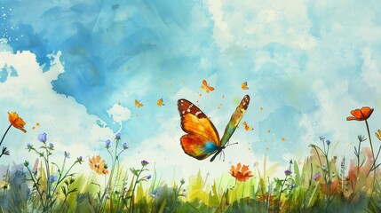 Artistic watercolor painting drawing of beautiful butterfly flying over flower fields © Joyce