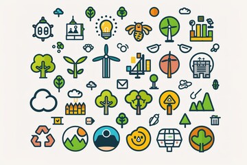 Fototapeta premium Ecology icons set: environmental protection, smart cities, sustainable industry and agriculture, animal welfare and renewable energy concept
