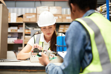 factory workers checking and fixing small machine or mainboard in the factory