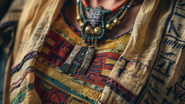 Close-up of an ancient Egyptian priestess&acirc;&euro;&trade;s linen garb, showcasing jewelry and symbolic hieroglyph embroidery.
