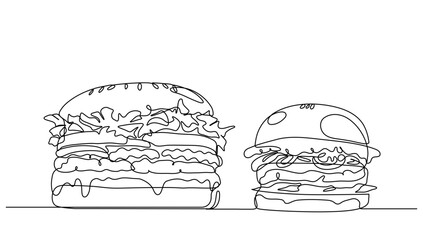 Continuous line art Big Burger and medium Burger for vector illustration. Concept fast food, street food, restaurant, business