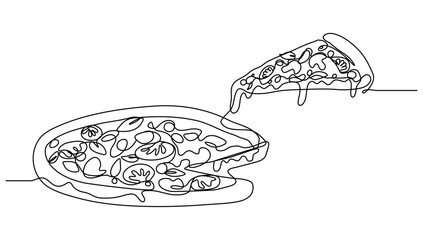 Continuous line art of pizza and slice with melted cheese topping for vector illustration. Concept food, fast food illustration, food, restaurant, food business