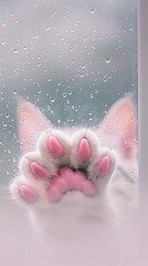 Fototapeta premium Through frosted glass,lsaw a cute cat face with a hazy texture, with pink claws, generated with AI
