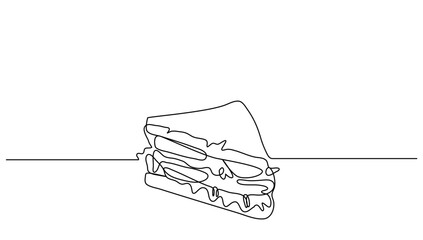 Continuous line art Sandwich bread with beef, vegentable and melted cheese for vector illustration. Concept fast food, street food, restaurant, business