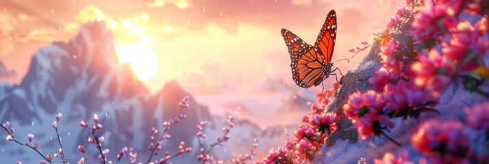Beautiful butterfly fly rest over flowers with snow mountain at sunset