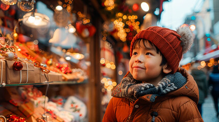 Asian child in winter coat, looking at Christmas market, holiday decorations, festive street