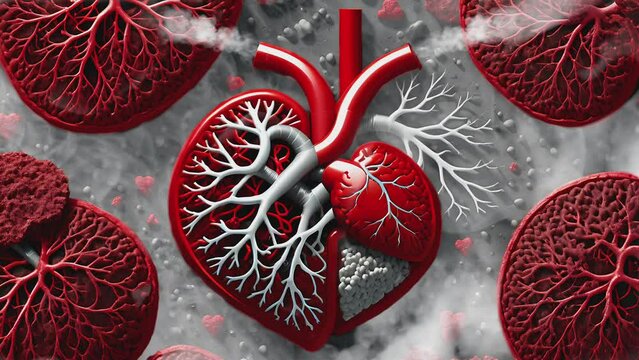 Illustrative view of smoker's smoke in the lungs juxtaposed with blood vessels, highlighting the impact on health