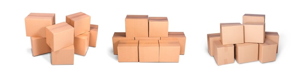 Title: cardboard pile or piles box or stack carton isolated on white background. Online marketing packaging boxes and delivery
