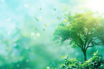 Obraz premium Green tree with eco icons on bright tropical nature background, Panoramic of Ecology and Environment concept with copy space