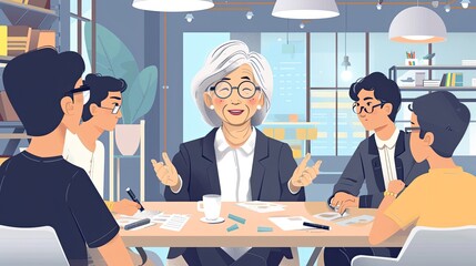 n elderly Asian businesswoman leading a roundtable discussion with young entrepreneurs from various backgrounds in a stylish startup hub