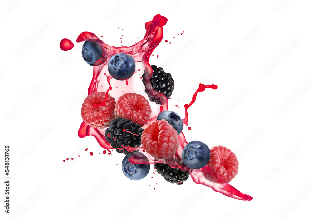 Sticker different berries and splashing juice isolated on white - Stickers