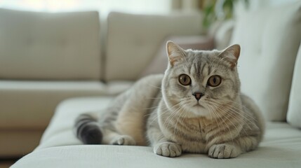 A calm Scottish Fold cat with folded ears lounging in a modern living room, light background with minimalist furniture, emphasizing the cat?€?s serene demeanor. 