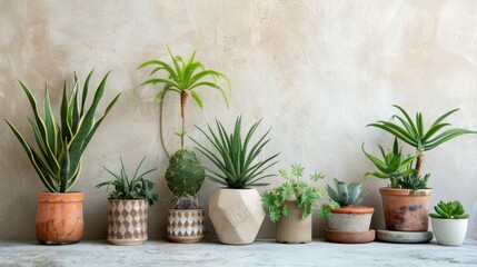 Fototapeta premium A collection of decorative plants on a light, earthy background, highlighting natural home decor. --ar 16:9 --style raw Job ID: 7c5e0359-b709-430e-a687-d4482f788d97