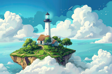 3D cartoon fantasy house on an island with a lighthouse in the middle of the ocean surrounded by clouds