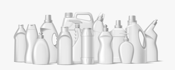 Fototapeta premium Detergent bottles with design template realistic vector illustration set. Home cleaning products packages 3d objects on white background