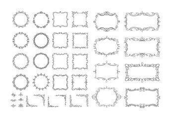 Vintage style frames, corners and decor flat vector elements set. Borders with swirls and curves elegant design collection on white