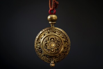 Ornate gold pendant with intricate designs on a red cord.