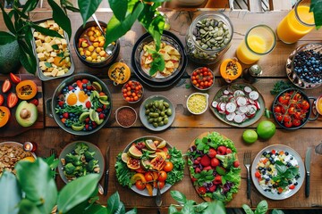 Fototapeta premium Healthy and colorful breakfast table with fruits, vegetables, and nuts.