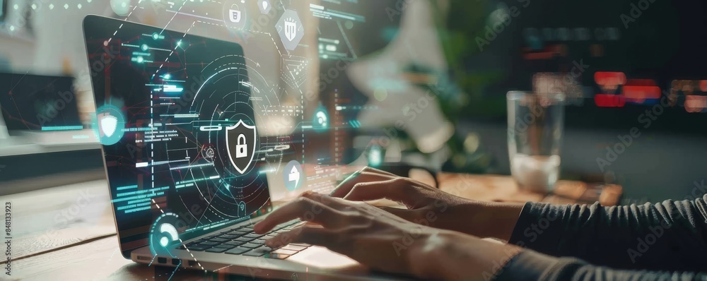 Poster using a laptop keyboard in an office and interacting with a cybersecurity shield
