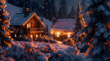 Cozy chalet in the evening, with glowing lights and snow-dusted trees in the garden