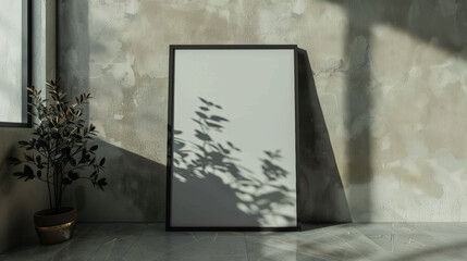 black wooden frame poster standing on the floor, mockup