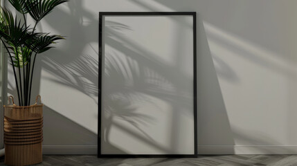 black wooden frame poster standing on the floor, mockup
