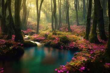 Obraz premium 森, 自然, 木, 川, 湖, 夕焼け, 夕陽, 日暮, 薄暗い森, forest, nature, trees, river, lake, sunset, dusk, dim forest